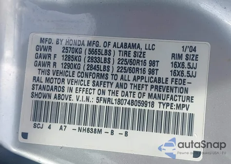 2004 Honda Odyssey Ex-L z USA, uszkodzony, nr VIN 5FNRL18074B059918